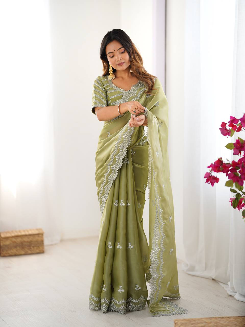 Handmade Olive Green Chikankari Embroidered Saree – Pure Georgette Traditional Indian Saree with Blouse | Wedding, Party & Ethnic Wear (BLACKLUXE CRAFTS)