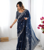 Handmade Navy Blue Embroidered Saree – Elegant Georgette Indian Ethnic Wear | Traditional Party & Wedding Saree for Women Worldwide (BLACKLUXE CRAFTS)