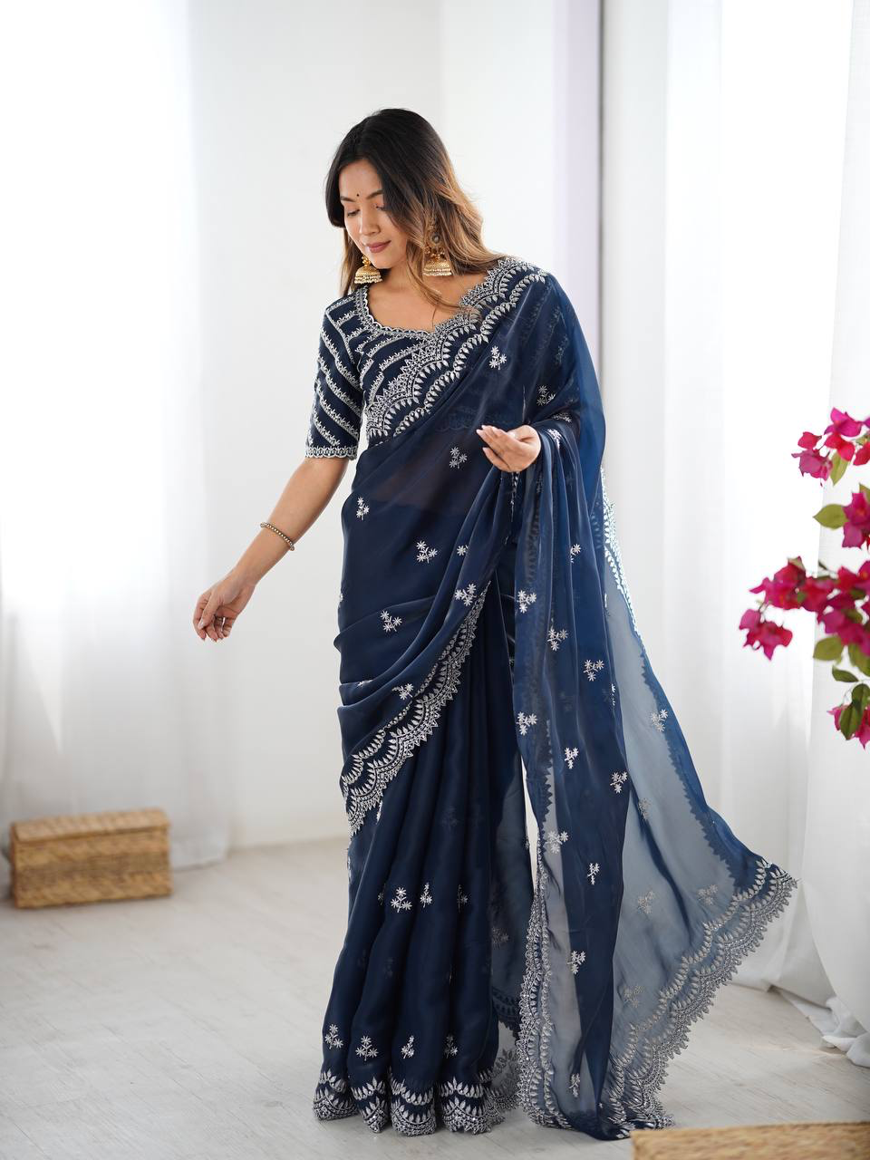 Handmade Navy Blue Embroidered Saree – Elegant Georgette Indian Ethnic Wear | Traditional Party & Wedding Saree for Women Worldwide (BLACKLUXE CRAFTS)