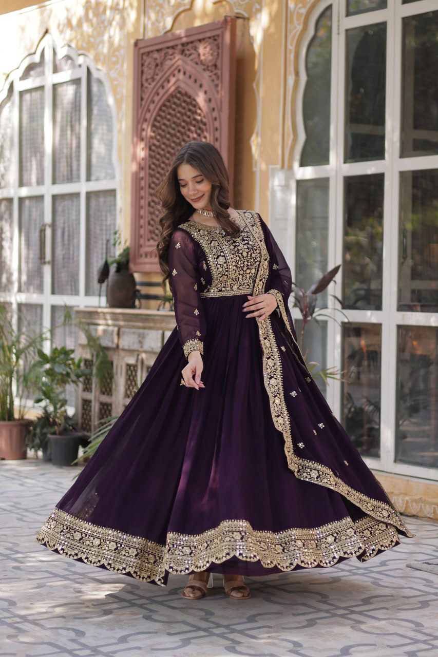 Handmade Purple Anarkali Gown with Heavy Golden Embroidery & Dupatta | Indian Ethnic Party Wear Dress | Artisan Crafted Outfit from India (BLACKLUXE CRAFTS)