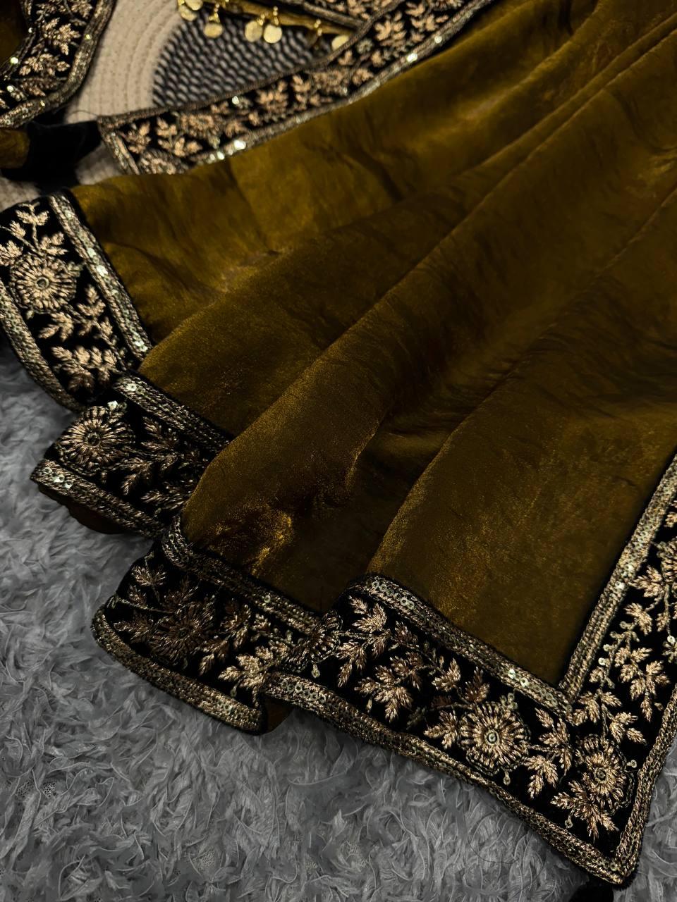 Women’s Luxe Olive-Gold Silk Saree with Heavily Embellished Blouse & Border – Ideal for Evening, Wedding & Reception Wear (BLACK LUXE CRAFTS) - BLACKLUXECRAFTS