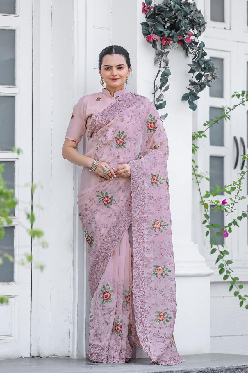 Handmade Pink Floral Embroidered Saree – Elegant Designer Organza Silk Sari for Women | Indian Traditional Wedding & Party Wear – Made in India (BLACKLUXE CRAFTS)