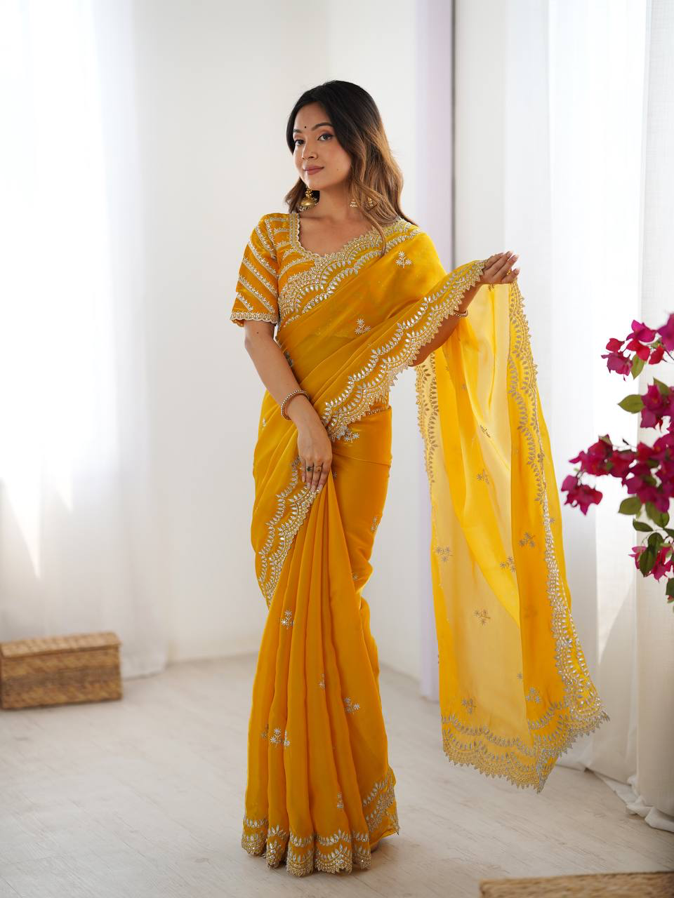 Handmade Yellow Georgette Saree with Intricate Embroidery | Indian Ethnic Designer Sari for Wedding & Party Wear – Made in India (BLACKLUXE CRAFTS)