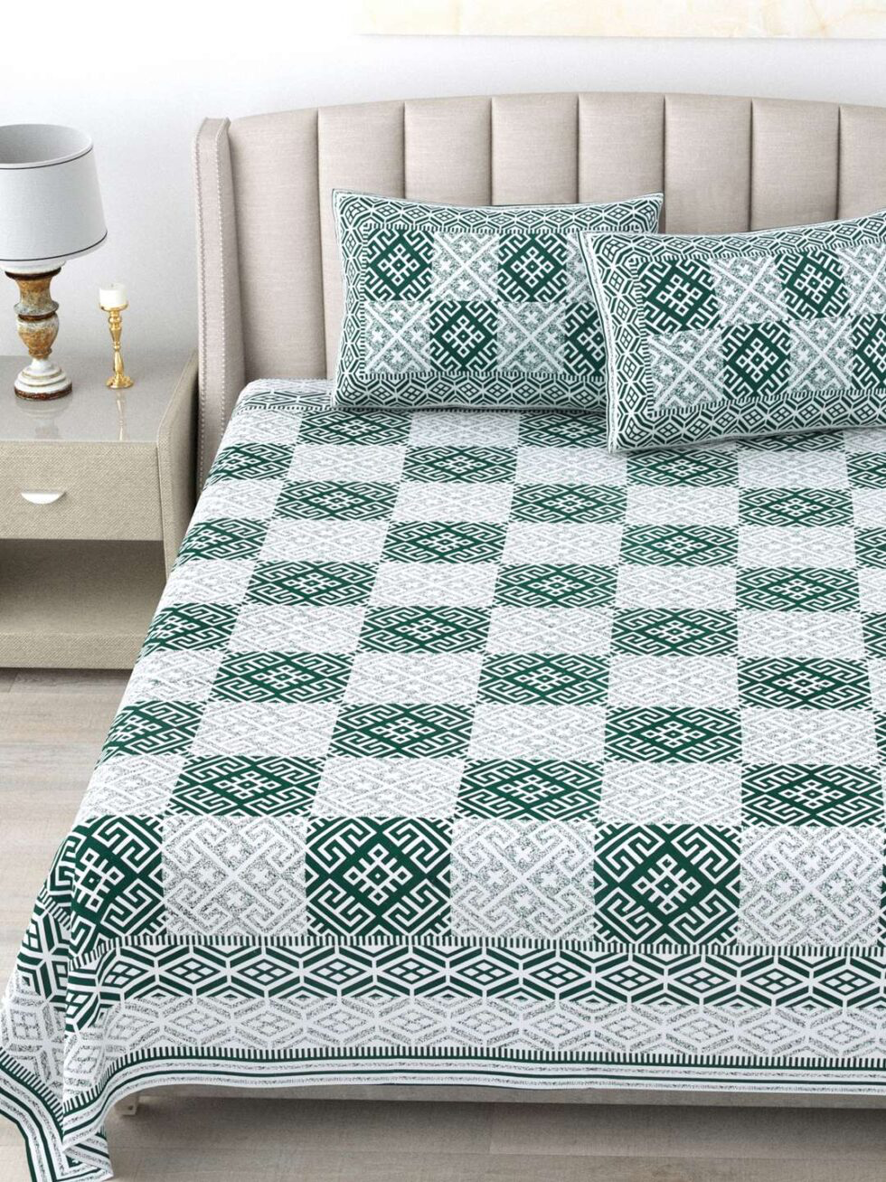 Handmade Cotton Double Bedsheet with Pillow Covers – Green & White Block Print | Indian Ethnic Bedding Set for King/Queen Size | Artisan Home Décor (BLACKLUXE CRAFTS) - BLACKLUXECRAFTS