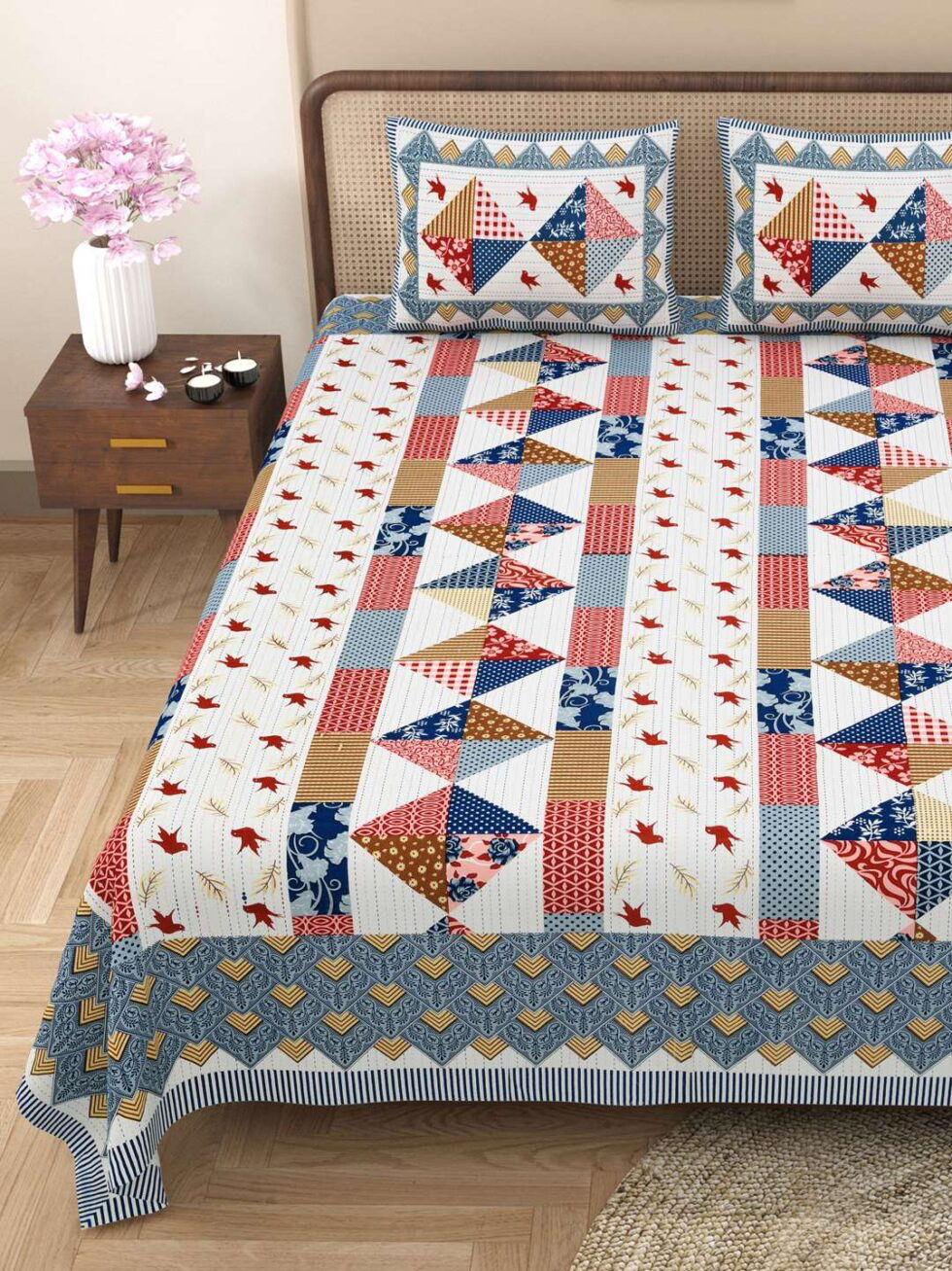 Handmade Cotton Patchwork Bedsheet with Pillow Covers – Boho Quilt Style Bedspread – Ethnic Indian Bedding for King/Queen Size – Lightweight & Breathable (BLACKLUXE CRAFTS) - BLACKLUXECRAFTS