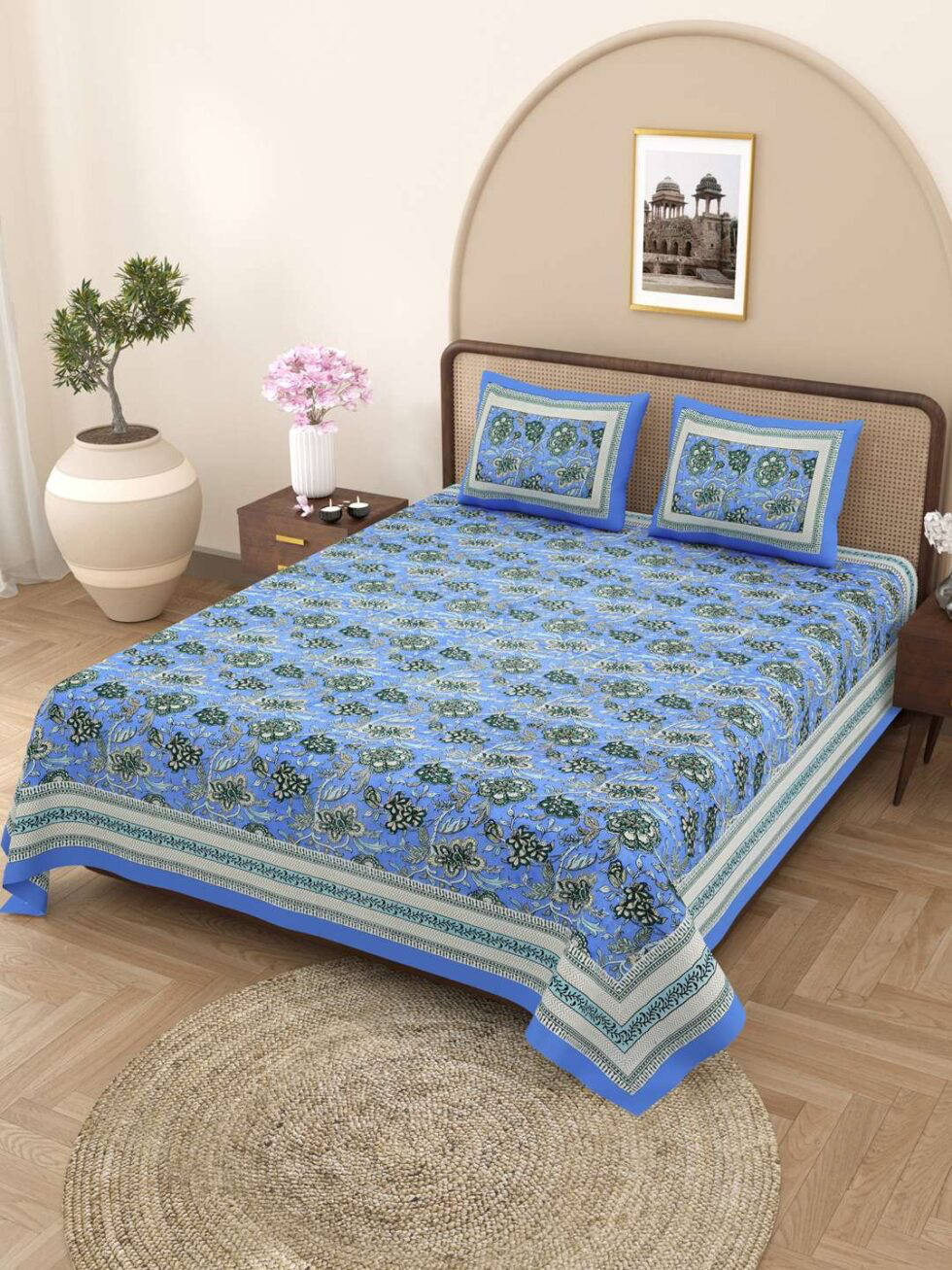 Handmade Cotton Bedsheet with Pillow Covers – Blue Floral Block Print King Size Bedspread from India (BLACKLUXE CRAFTS) - BLACKLUXECRAFTS
