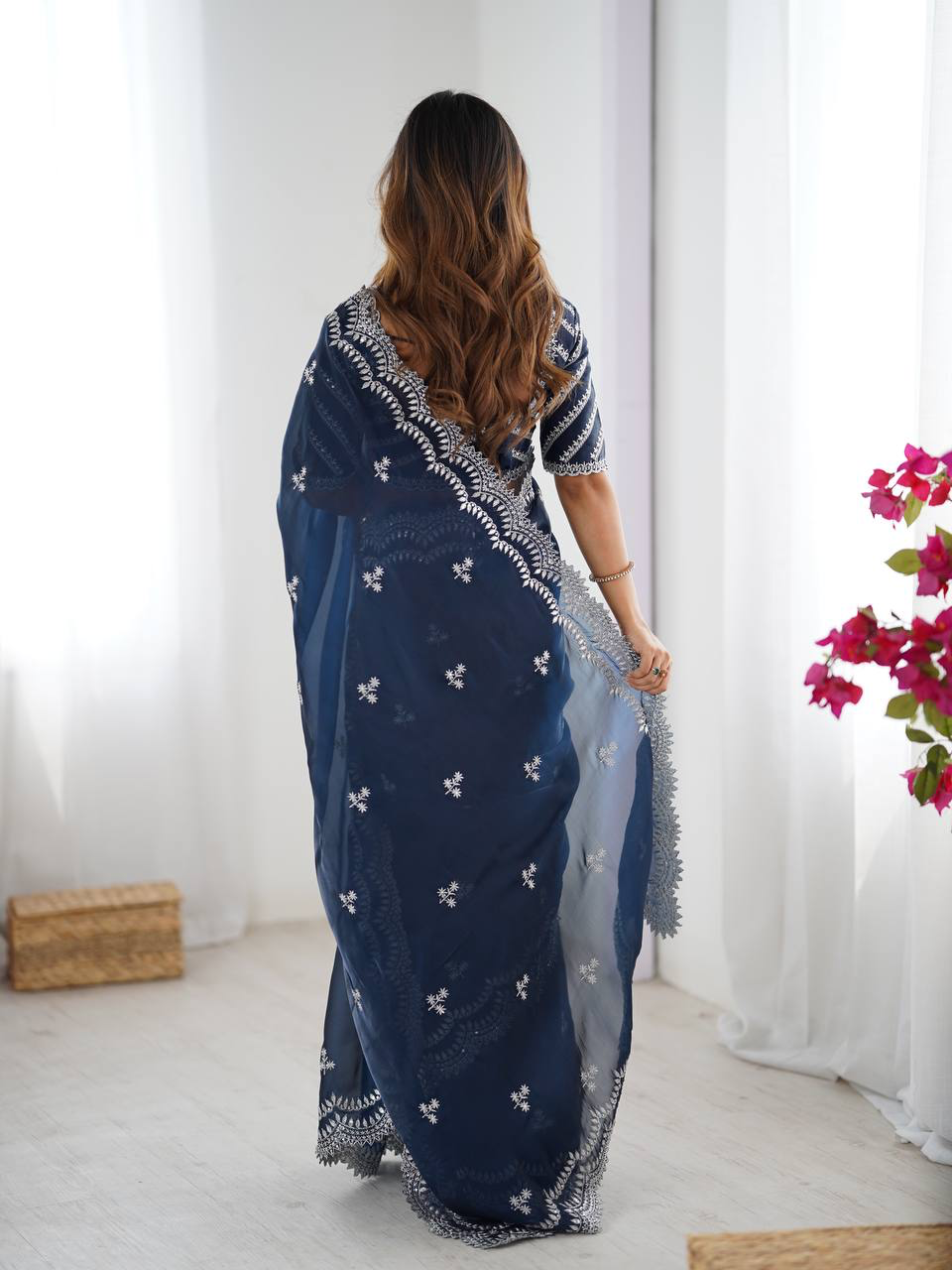 Handmade Navy Blue Embroidered Saree – Elegant Georgette Indian Ethnic Wear | Traditional Party & Wedding Saree for Women Worldwide (BLACKLUXE CRAFTS)
