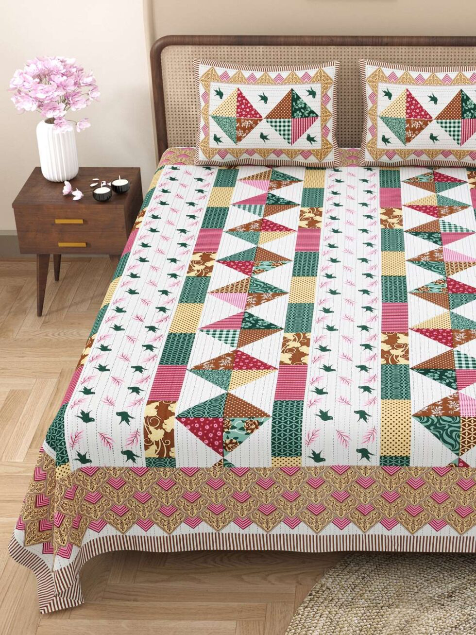 Handmade Cotton Patchwork Bedsheet with Pillow Covers | Indian Ethnic Quilted Design | King Size Bedspread for Global Home Décor (BLACKLUXE CRAFTS) - BLACKLUXECRAFTS
