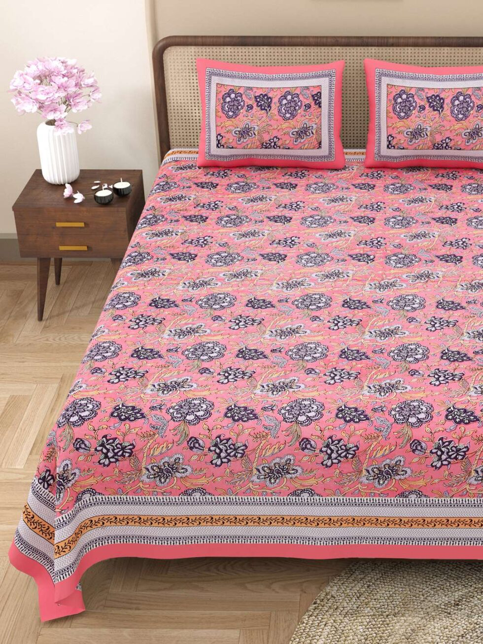 Handmade Pink Floral Cotton Bedsheet Set with Pillow Covers | Indian Block Print Bedspread | Queen Size Bohemian Bedding (BLACKLUXE CRAFTS) - BLACKLUXECRAFTS