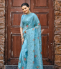 Handmade Light Blue Floral Embroidered Saree – Pure Indian Ethnic Wear | Designer Organza Saree for Weddings & Parties (BLACKLUXE CRAFTS)