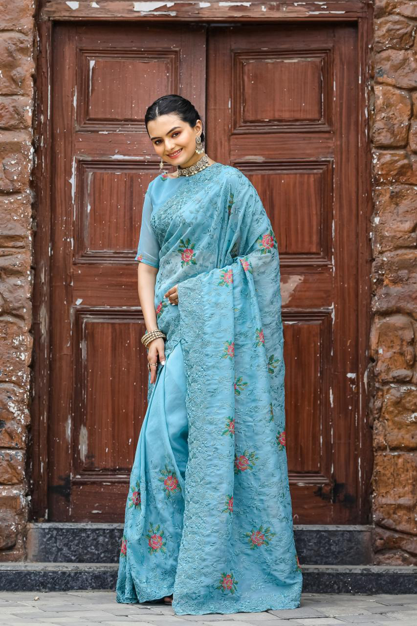 Handmade Light Blue Floral Embroidered Saree – Pure Indian Ethnic Wear | Designer Organza Saree for Weddings & Parties (BLACKLUXE CRAFTS)