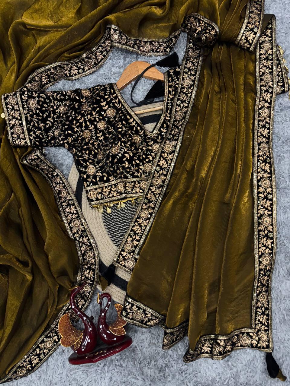 Women’s Luxe Olive-Gold Silk Saree with Heavily Embellished Blouse & Border – Ideal for Evening, Wedding & Reception Wear (BLACK LUXE CRAFTS) - BLACKLUXECRAFTS