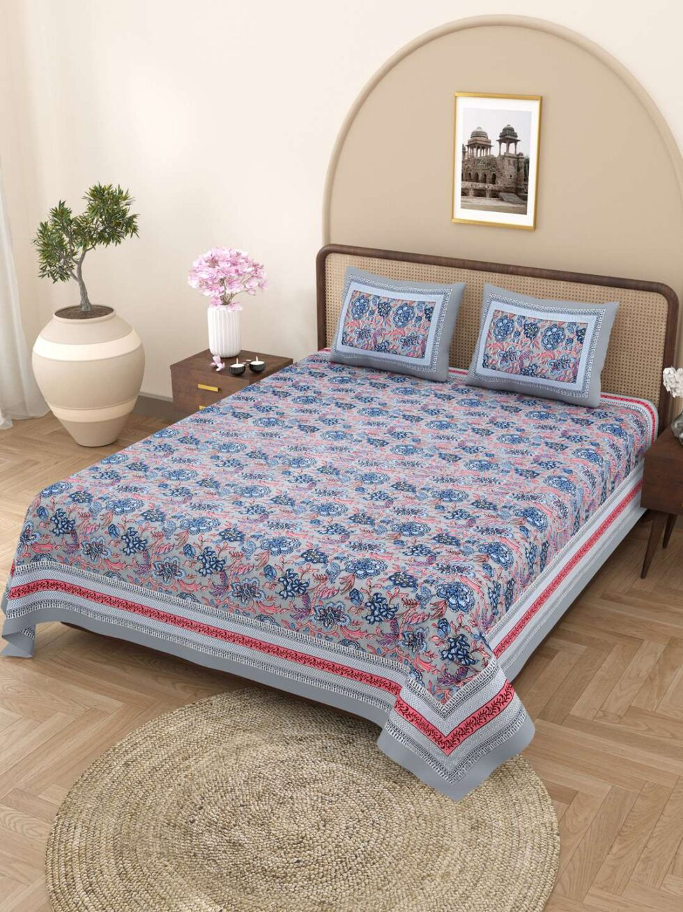Handmade Cotton Floral Block Print Bed Sheet Set with Pillow Covers – King Size Indian Jaipuri Bedsheet – Grey Blue Traditional Handcrafted Bedding (BLACKLUXE CRAFTS) - BLACKLUXECRAFTS