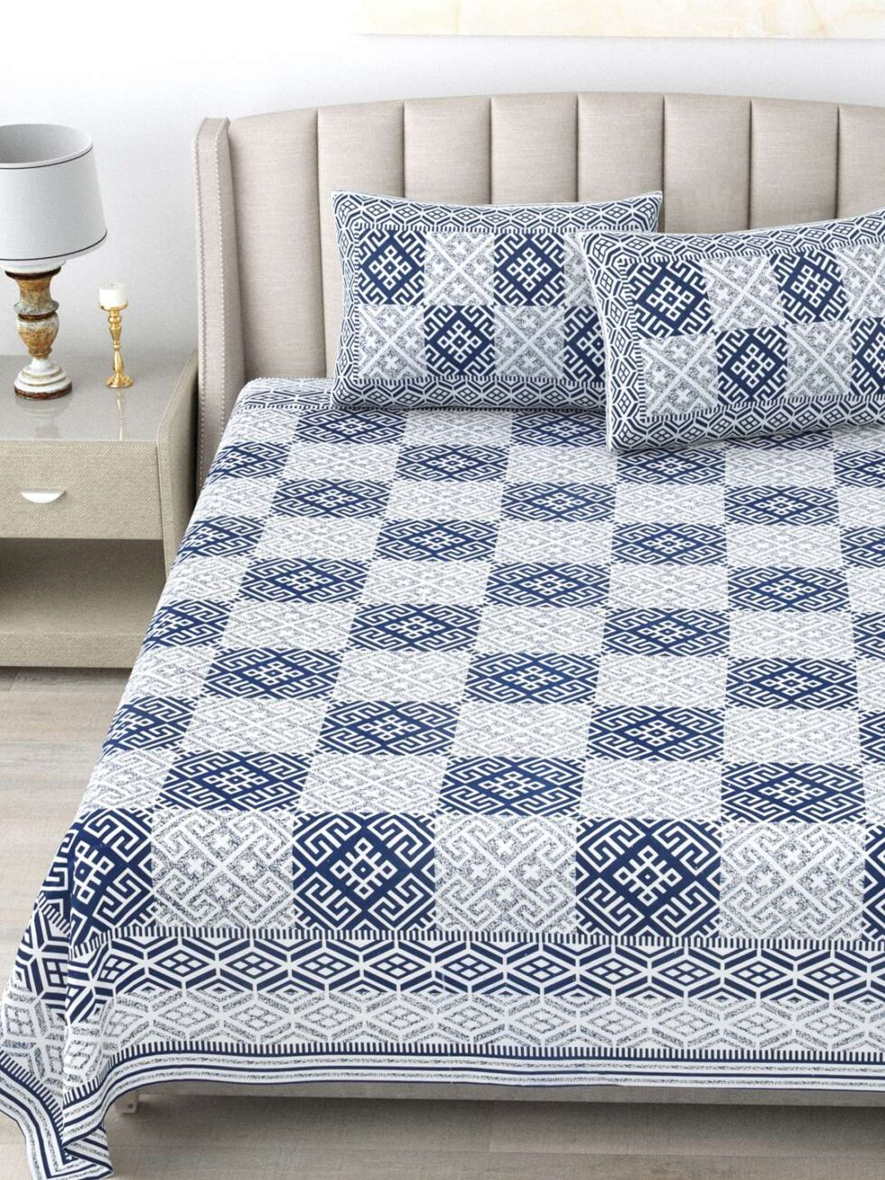 Handmade Cotton Bedsheet with Pillow Covers – Blue White Geometric Hand Block Print | Queen/King Size Bedspread from India (BLACKLUXE CRAFTS) - BLACKLUXECRAFTS