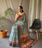 Handmade Turquoise Blue Kalamkari Print Saree – Traditional Indian Ethnic Wear – Pure Cotton Soft Saree with Tassels – Artisan Crafted from India (BLACKLUXE CRAFTS)
