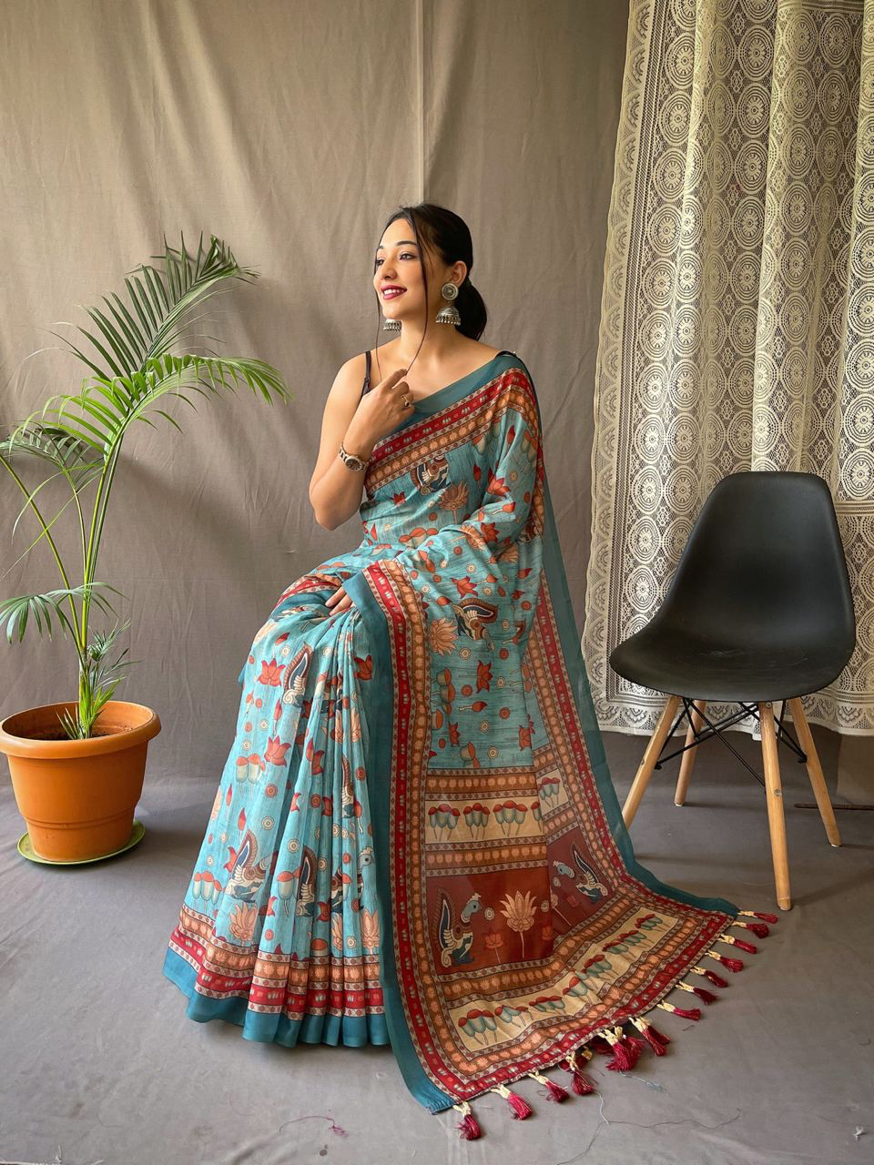 Handmade Turquoise Blue Kalamkari Print Saree – Traditional Indian Ethnic Wear – Pure Cotton Soft Saree with Tassels – Artisan Crafted from India (BLACKLUXE CRAFTS)