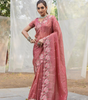 Handmade Pink Organza Saree with Intricate Floral Embroidery – Elegant Indian Designer Saree for Weddings & Parties (BLACKLUXE CRAFTS)