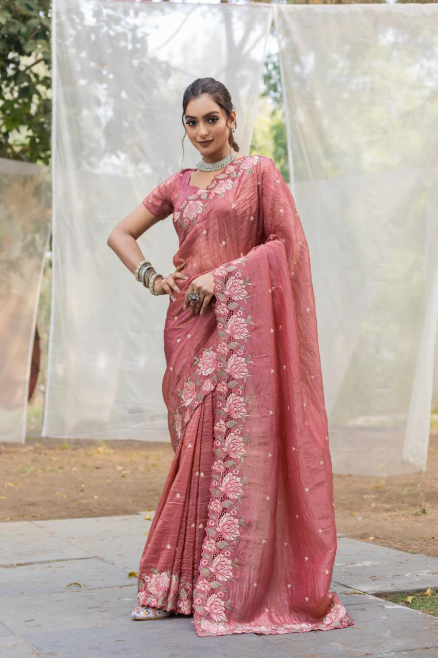Handmade Pink Organza Saree with Intricate Floral Embroidery – Elegant Indian Designer Saree for Weddings & Parties (BLACKLUXE CRAFTS)