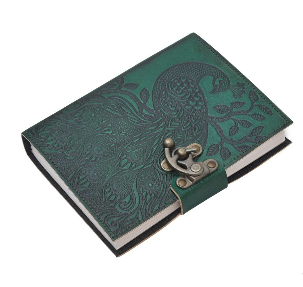 Handmade Green Leather Journal with Peacock Embossing – Vintage Lock Diary for Writing, Sketching & Gifting (BLACKLUXE CRAFTS) - BLACKLUXECRAFTS