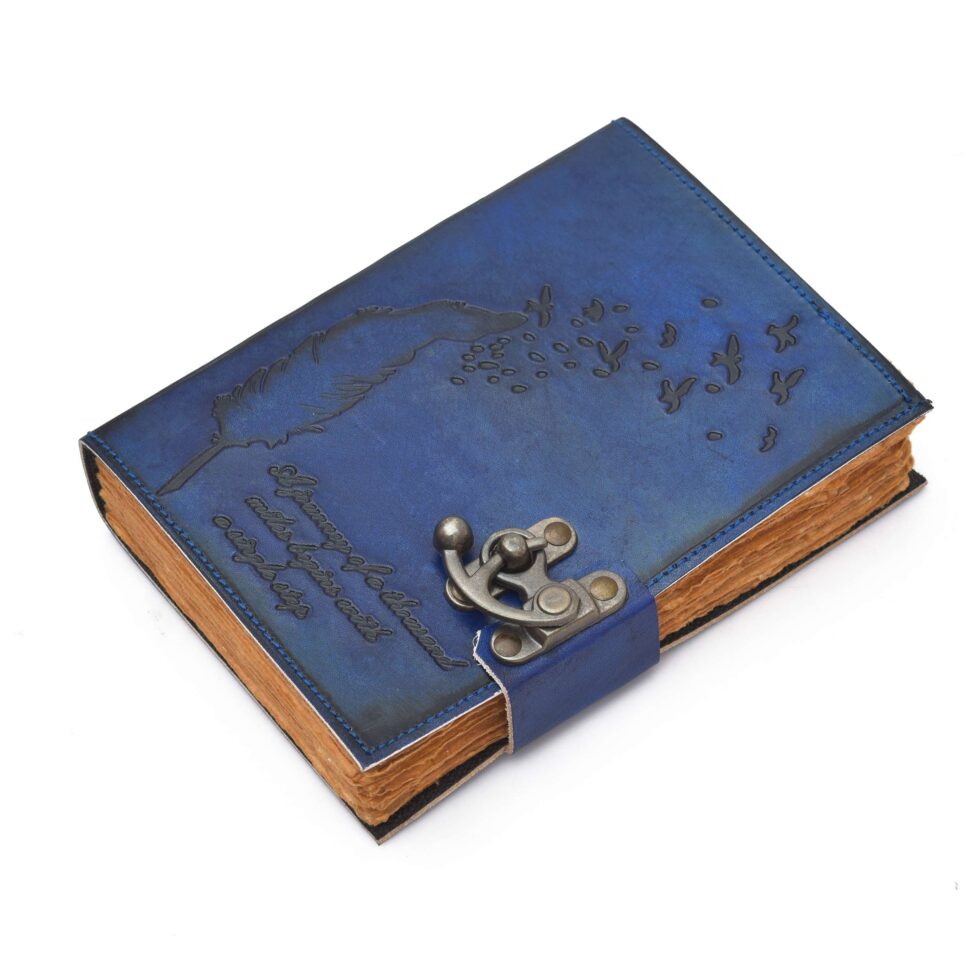 Blue Leather Journal with Feather & Birds – Inspirational Quote Notebook with Lock | Handmade Diary for Writing, Travel, Gifts & Students (BLACKLUXE CRAFTS) - BLACKLUXECRAFTS
