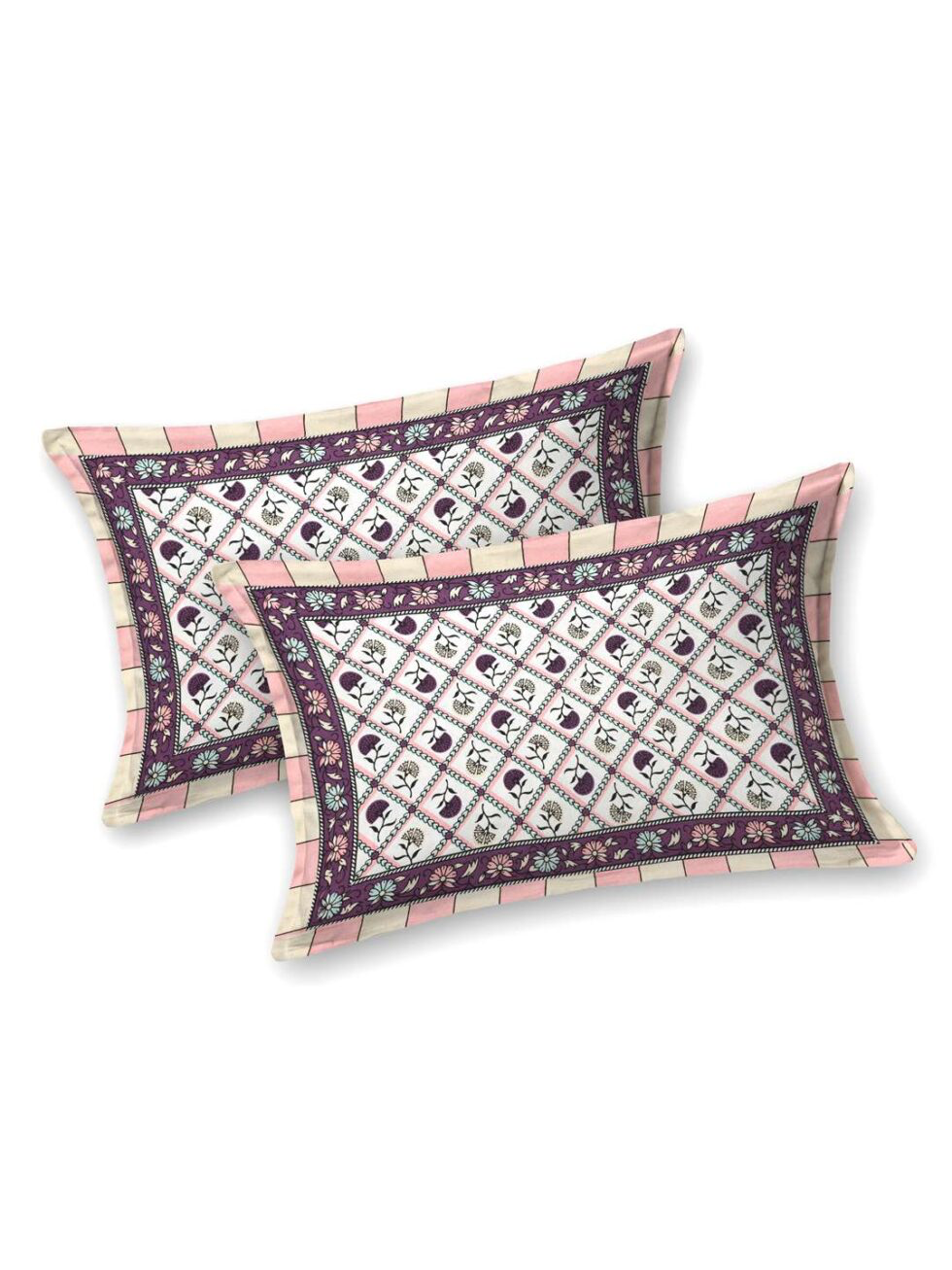 Handmade Cotton Double Bed Sheet with Pillow Covers – Pink & Purple Floral Jaipuri Block Print | Ethnic Indian Bedding (BLACKLUXE CRAFTS) - BLACKLUXECRAFTS