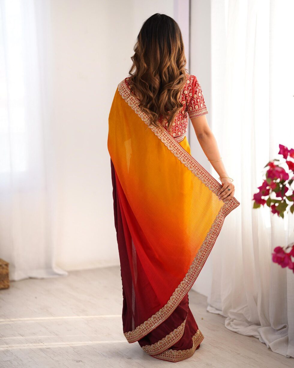 Handmade Designer Ombre Saree in Red & Yellow – Indian Traditional Wedding & Party Wear – Handcrafted Ethnic Saree for Women (BLACKLUXE CRAFTS)