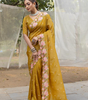 Handmade Mustard Yellow Floral Embroidered Saree | Pure Organza Silk Traditional Indian Sari with Blouse Piece | Elegant Wedding & Party Wear from India (BLACKLUXE CRAFTS)