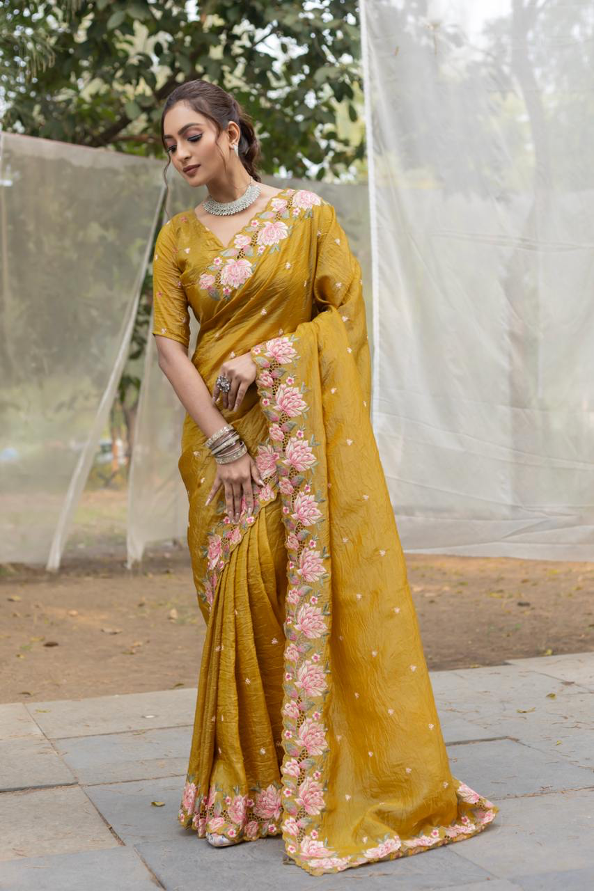 Handmade Mustard Yellow Floral Embroidered Saree | Pure Organza Silk Traditional Indian Sari with Blouse Piece | Elegant Wedding & Party Wear from India (BLACKLUXE CRAFTS)