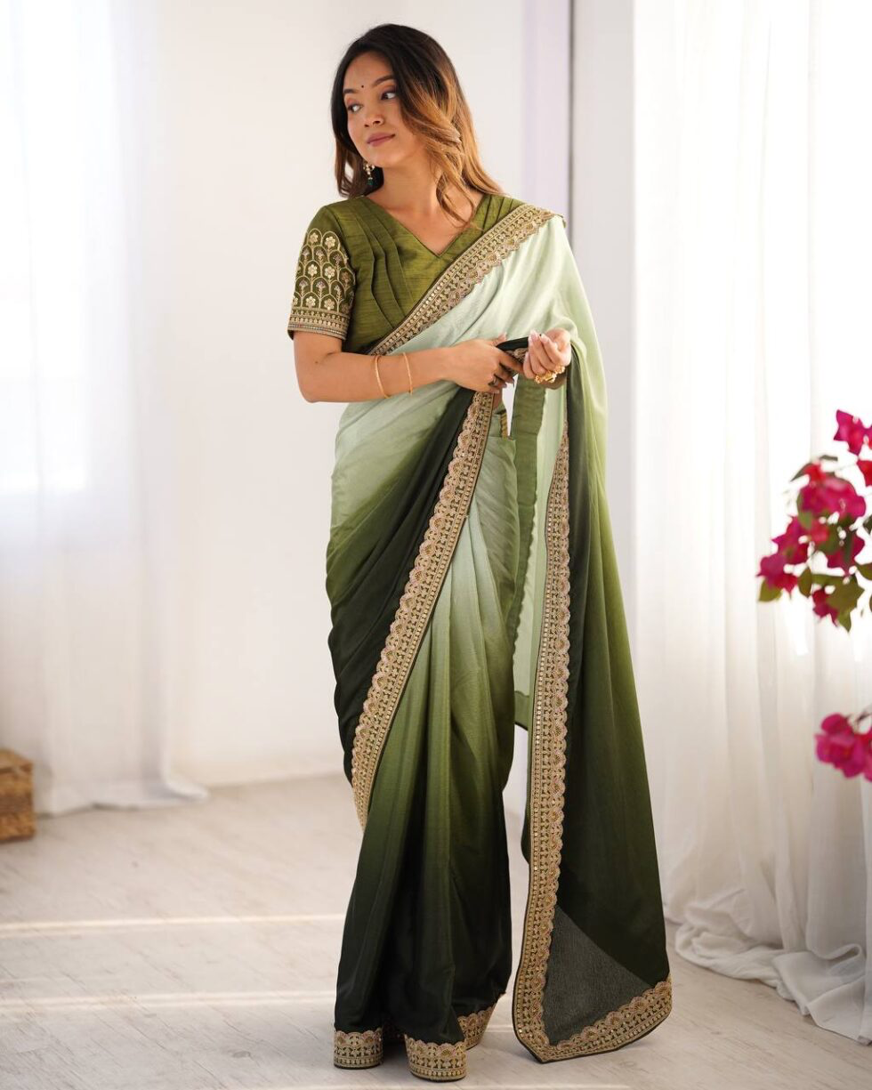 Handmade Olive Green & Light Green Ombre Saree with Golden Border – Indian Ethnic Silk Blend Saree for Women | Festive & Wedding Wear (BLACKLUXE CRAFTS)