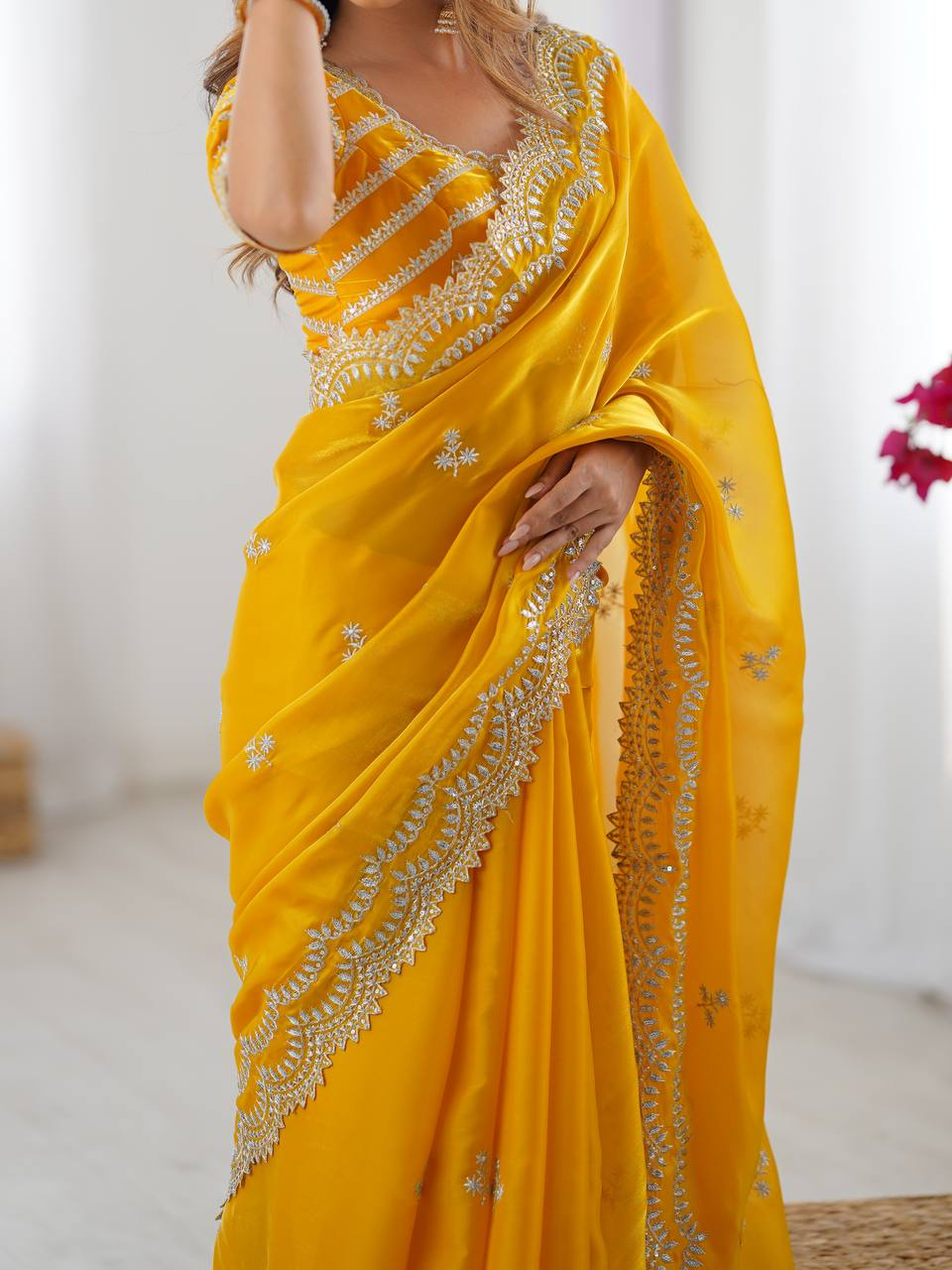 Handmade Yellow Georgette Saree with Intricate Embroidery | Indian Ethnic Designer Sari for Wedding & Party Wear – Made in India (BLACKLUXE CRAFTS)