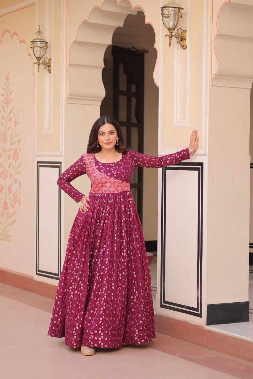 Handmade Indian Anarkali Maxi Dress – Maroon Silk Blend Gown with Gold Print | Long Ethnic Party Wear | Designer Women’s Outfit from India (BLACKLUXE CRAFTS)