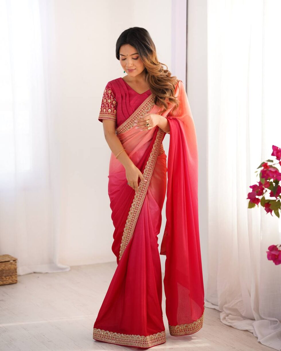Handmade Pink Ombre Silk Saree with Golden Embroidered Border | Indian Ethnic Party Wear Sari for Women | Festival & Wedding Outfit (BLACKLUXE CRAFTS)