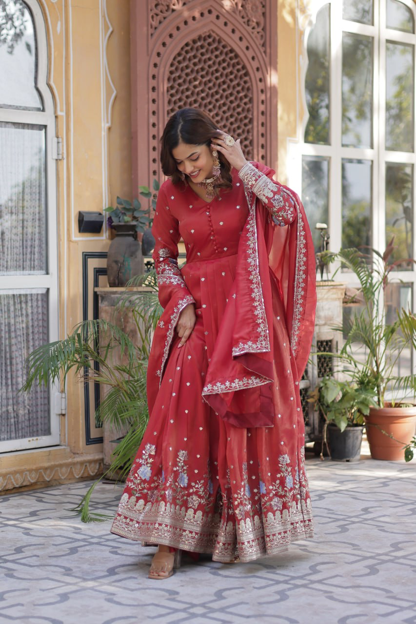 Handmade Red Anarkali Gown with Dupatta – Embroidered Indian Ethnic Dress for Women | Wedding & Party Wear Outfit from India (BLACKLUXE CRAFTS)