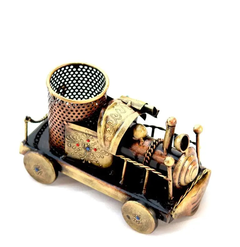 Handmade Vintage Train Engine Pen Holder | Decorative Desk Organizer | Antique Brass Finish Office Decor | Indian Handcrafted Gift (BLACKLUXE CRAFTS) - BLACKLUXECRAFTS