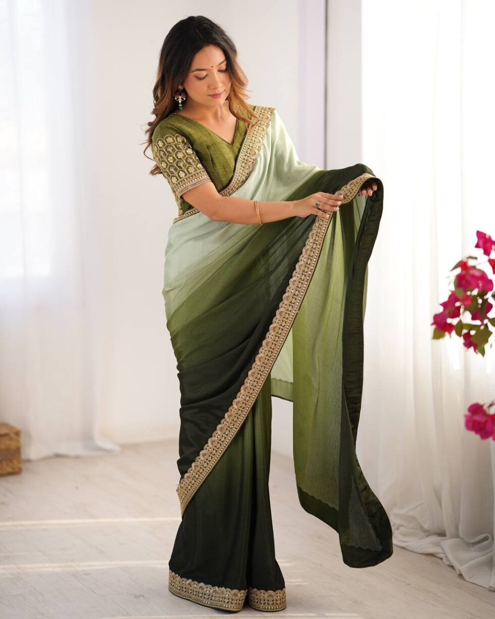Handmade Olive Green & Light Green Ombre Saree with Golden Border – Indian Ethnic Silk Blend Saree for Women | Festive & Wedding Wear (BLACKLUXE CRAFTS)
