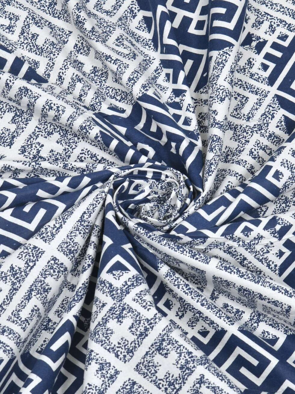 Handmade Cotton Bedsheet with Pillow Covers – Blue White Geometric Hand Block Print | Queen/King Size Bedspread from India (BLACKLUXE CRAFTS) - BLACKLUXECRAFTS