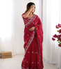 Handmade Red Georgette Saree with White Embroidery – Indian Ethnic Bridal & Party Wear – Elegant Designer Sari for Women Worldwide (BLACKLUXE CRAFTS)