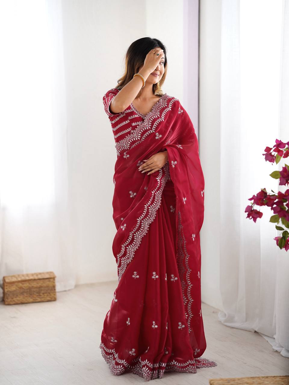 Handmade Red Georgette Saree with White Embroidery – Indian Ethnic Bridal & Party Wear – Elegant Designer Sari for Women Worldwide (BLACKLUXE CRAFTS)