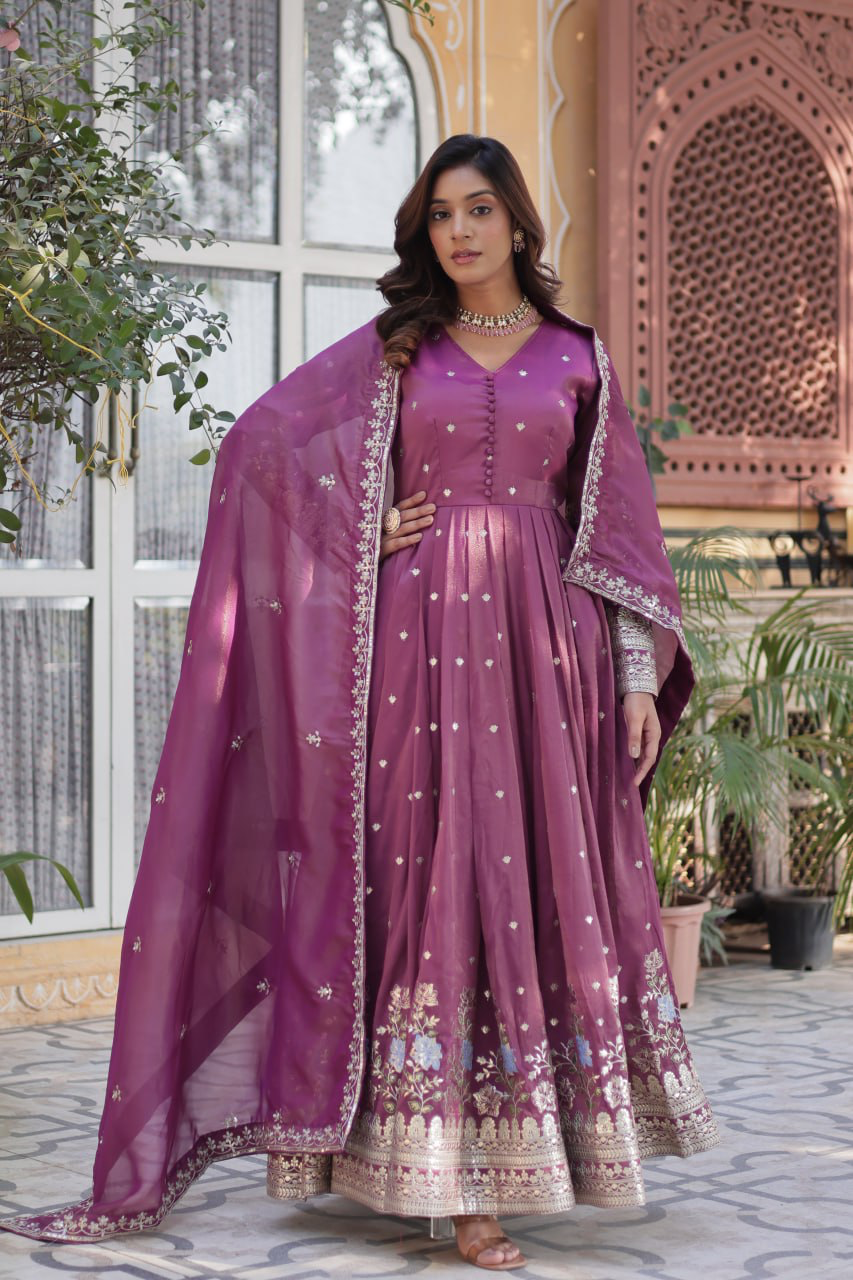Handmade Designer Purple Anarkali Gown with Embroidered Dupatta | Indian Ethnic Wedding & Party Wear Dress for Women (BLACKLUXE CRAFTS)