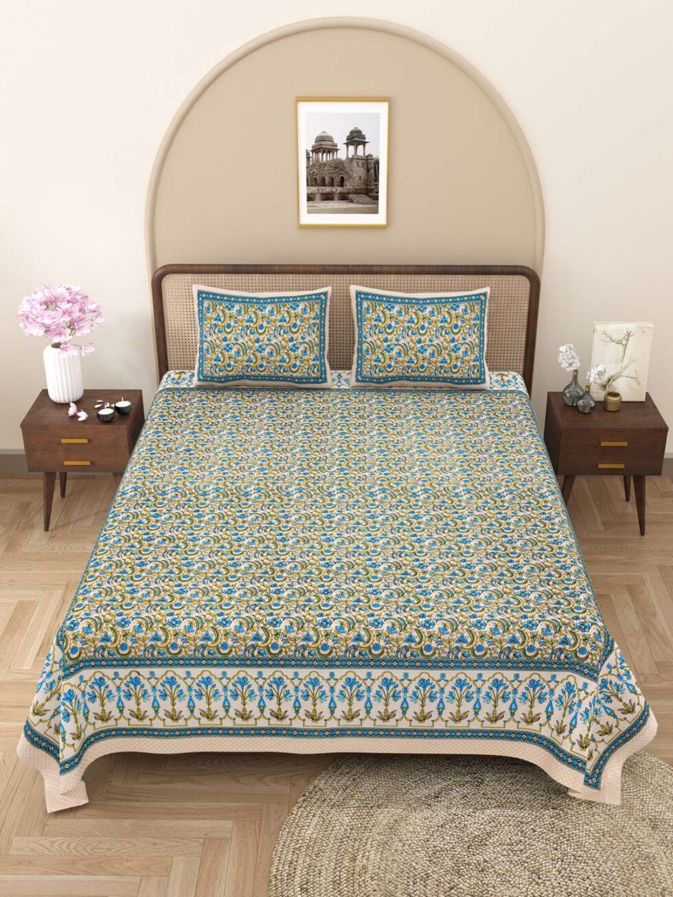 Handmade Cotton Bedsheet with Pillow Covers – Traditional Indian Floral Block Print, King Size Bedspread – Blue & Yellow Ethnic Bedding (BLACKLUXE CRAFTS) - BLACKLUXECRAFTS