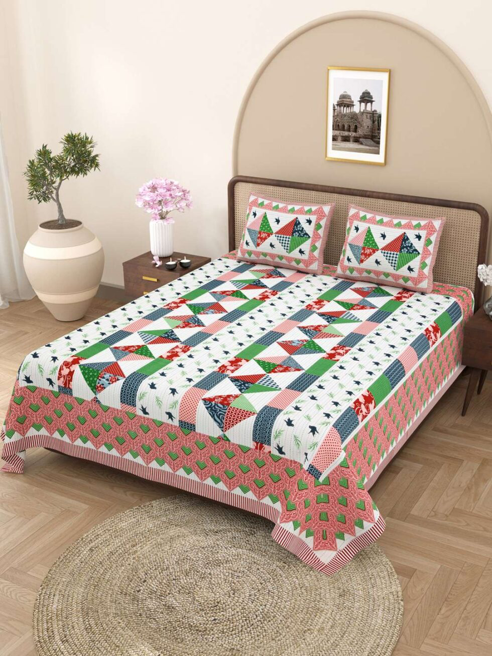 Handmade Cotton Patchwork Bed Sheet with Pillow Covers – Multicolor Quilted Design | King Size | Indian Ethnic Bedding Set for International Home Décor (BLACKLUXE CRAFTS) - BLACKLUXECRAFTS