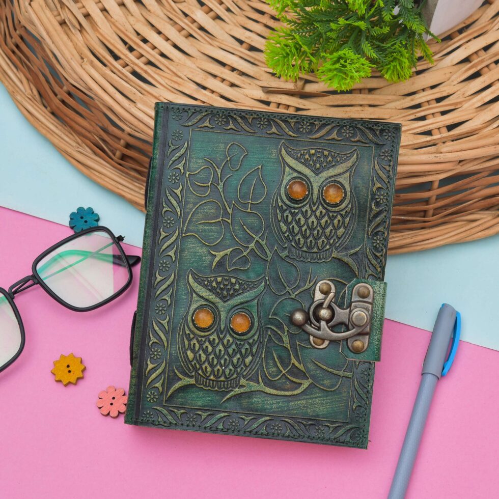 Handmade Green Leather Journal with Owl Embossing – Vintage Lock Diary for Writing, Sketching & Gifting (BLACKLUXE CRAFTS) - BLACKLUXECRAFTS