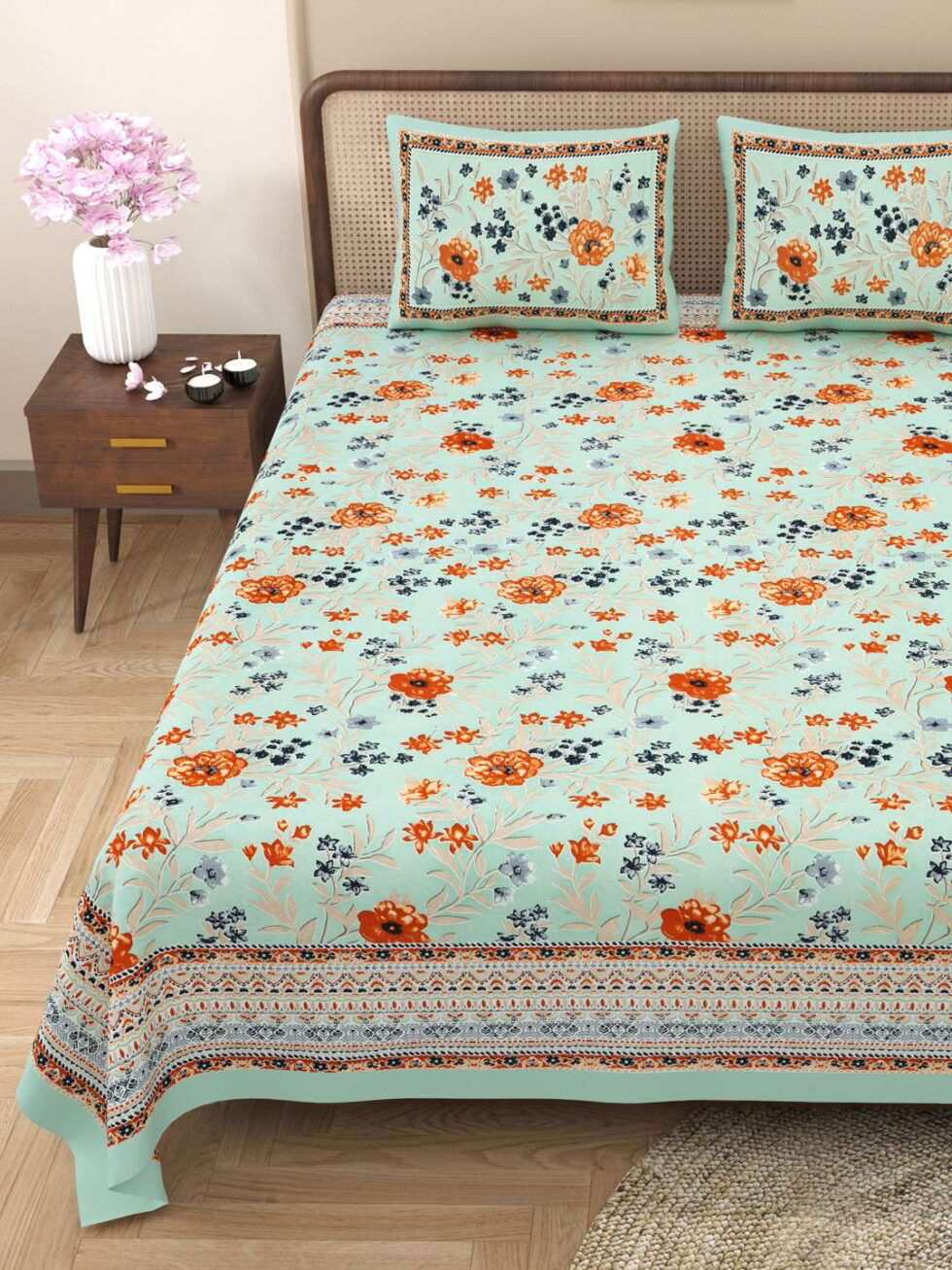 Handmade Indian Cotton Bedsheet with Pillow Covers – Aqua Green Floral Block Print King Size Bedspread – Ethnic Jaipuri Home Décor (BLACKLUXE CRAFTS) - BLACKLUXECRAFTS
