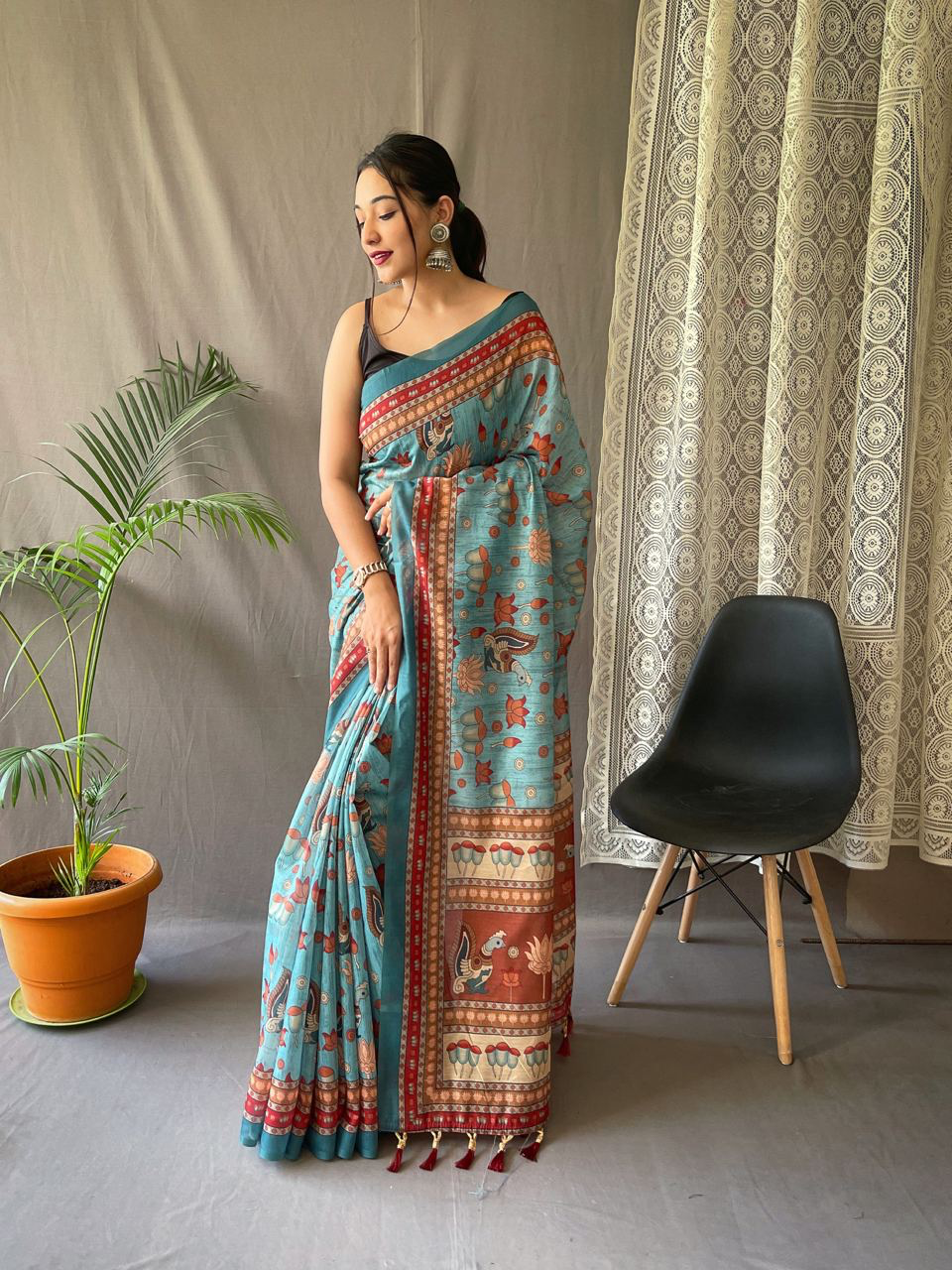 Handmade Turquoise Blue Kalamkari Print Saree – Traditional Indian Ethnic Wear – Pure Cotton Soft Saree with Tassels – Artisan Crafted from India (BLACKLUXE CRAFTS)