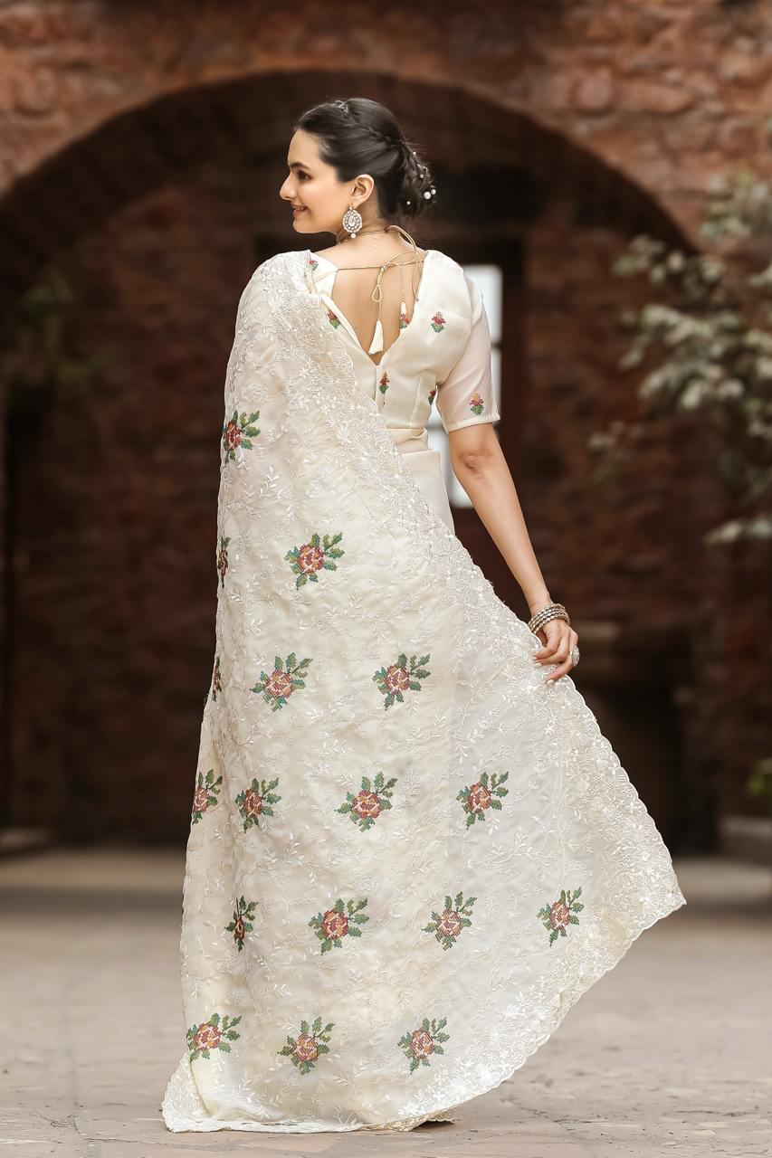 Handmade Ivory Floral Embroidered Saree – Elegant Indian Wedding & Party Wear | Ethnic Designer Sari for Women (BLACKLUXE CRAFTS)