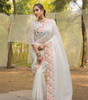 Handmade White Linen Saree with Pink Floral Embroidery | Pure Indian Ethnic Saree | Wedding, Party & Festive Wear | Artisan Crafted Saree from India (BLACKLUXE CRAFTS)