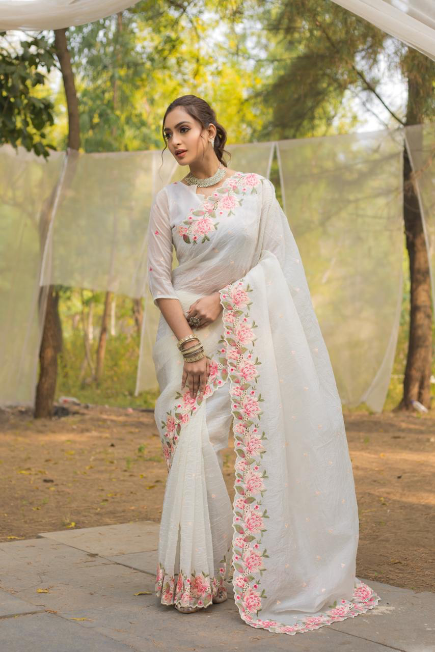Handmade White Linen Saree with Pink Floral Embroidery | Pure Indian Ethnic Saree | Wedding, Party & Festive Wear | Artisan Crafted Saree from India (BLACKLUXE CRAFTS)
