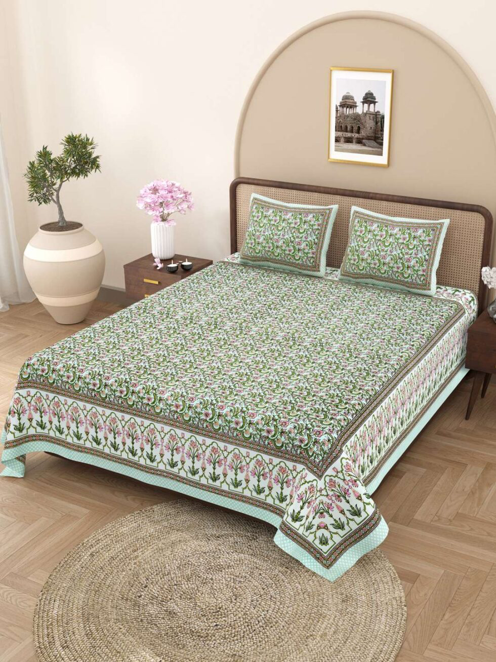 Handmade Cotton Floral Bedsheet with Pillow Covers – Green Pink Block Print King Size Bedspread | Indian Handcrafted Bedding (BLACKLUXE CRAFTS) - BLACKLUXECRAFTS