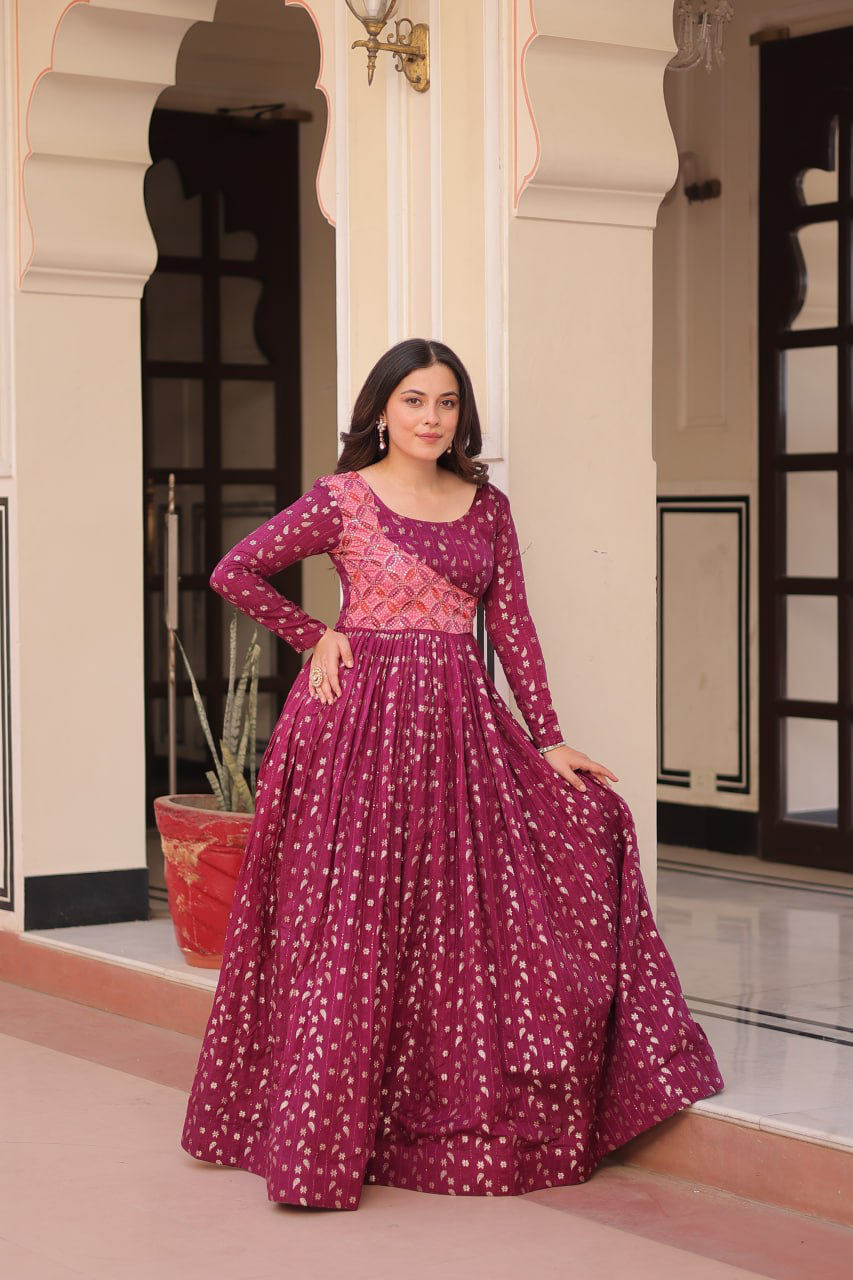 Handmade Indian Anarkali Maxi Dress – Maroon Silk Blend Gown with Gold Print | Long Ethnic Party Wear | Designer Women’s Outfit from India (BLACKLUXE CRAFTS)