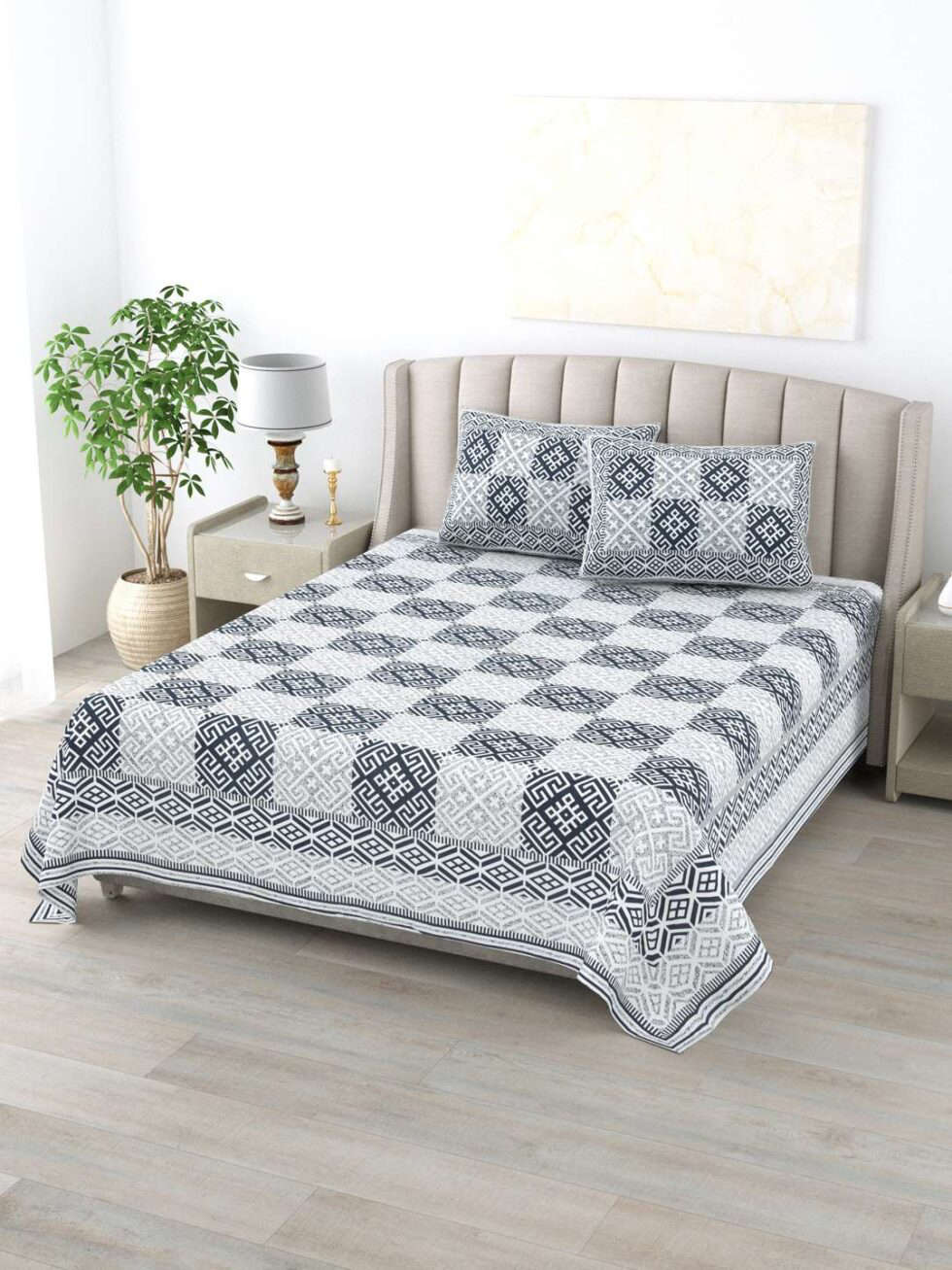 Handmade Cotton Block Print Bedsheet with Pillow Covers – King Size | Indian Ethnic Geometric Design Bedspread | Lightweight Soft Bedding Set (BLACKLUXE CRAFTS) - BLACKLUXECRAFTS